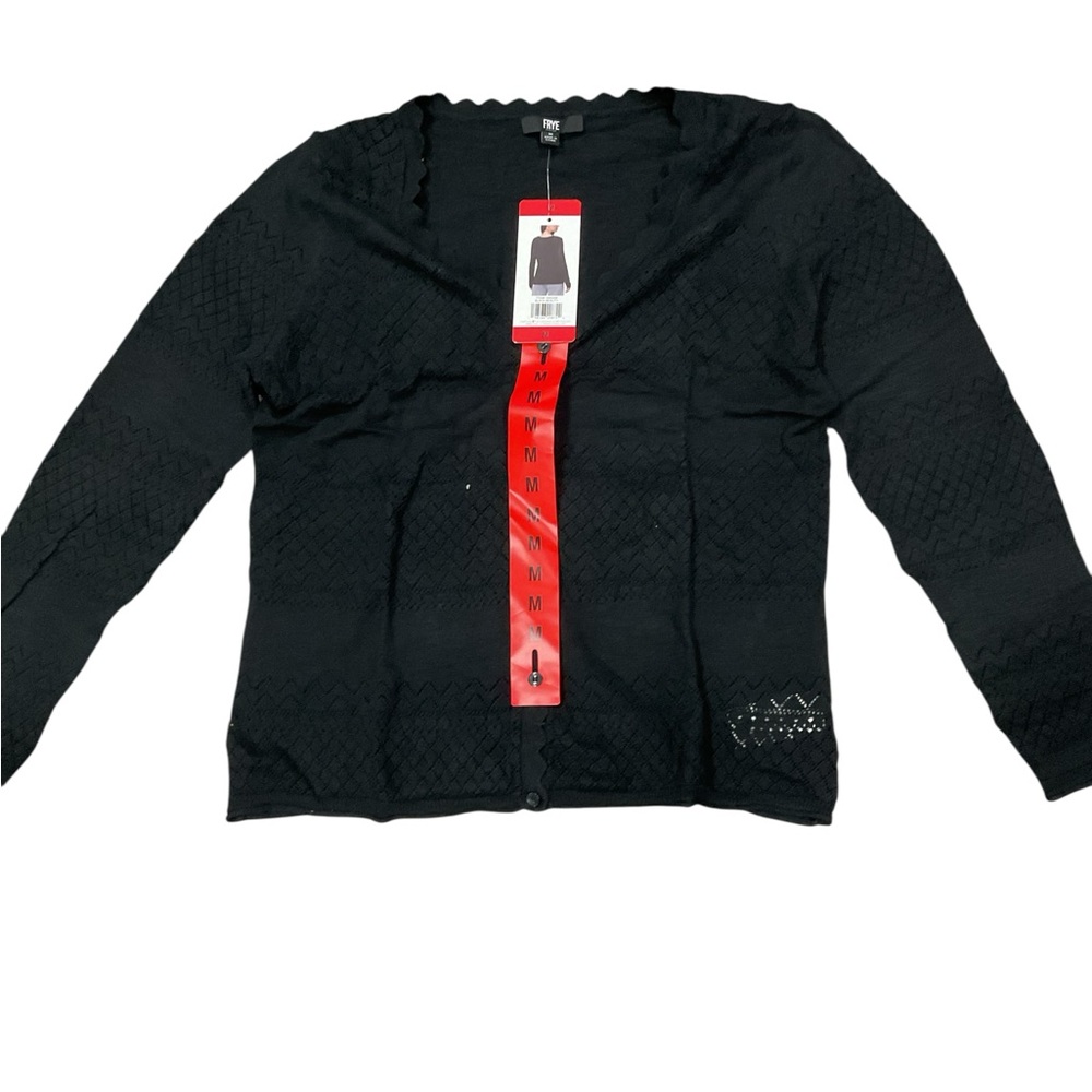 Frye Womens Black Beauty Pointelle Knit Scalloped Cardigan Sweater  Medium